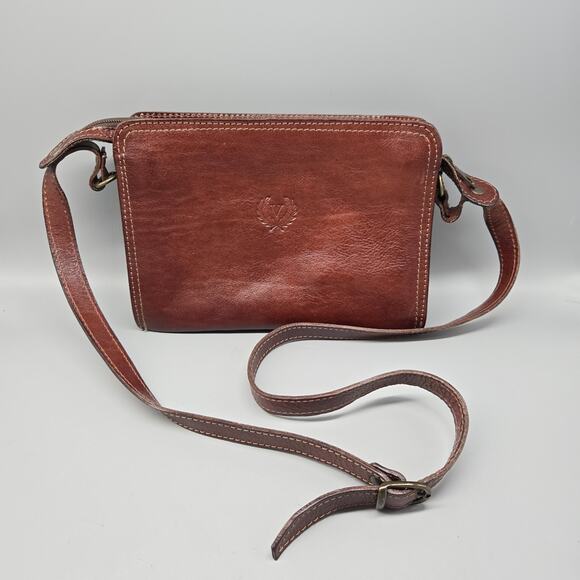 FLORENCE Made in Italy Brown Vintage Leather Crossbody Bag Purse - Picture 1 of 11